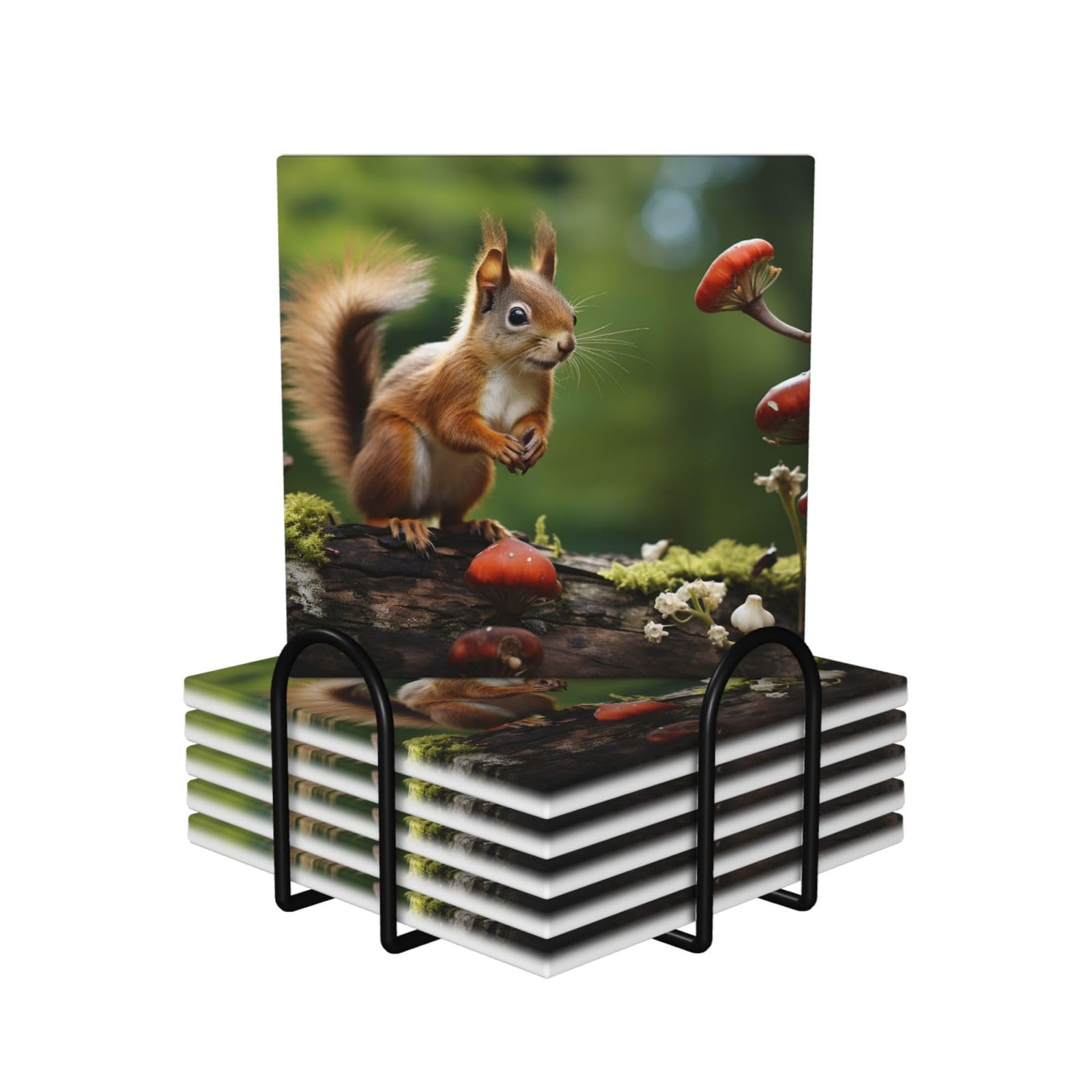 6Pcs Ceramics Coaster for Drinks, Red Squirrel on Small Green ​Hill Cup Coasters with Holder, Aesthetic Drink Coasters for Coffee Table, Absorbent Round Coaster for Tabletop Protection 4" Cup Mat Pad