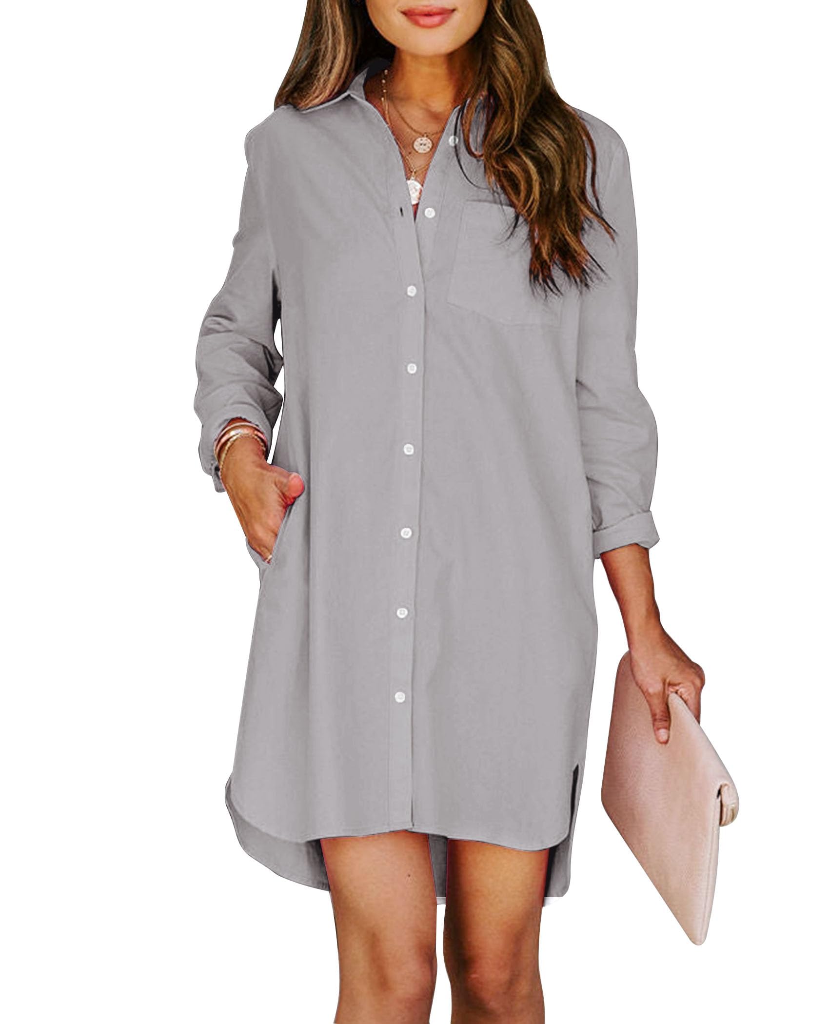 Aoudery Womens Button Down Shirt Dresses with Pockets Cotton Button Up Tunics Long Sleeve Solid High Low Blouse Tops