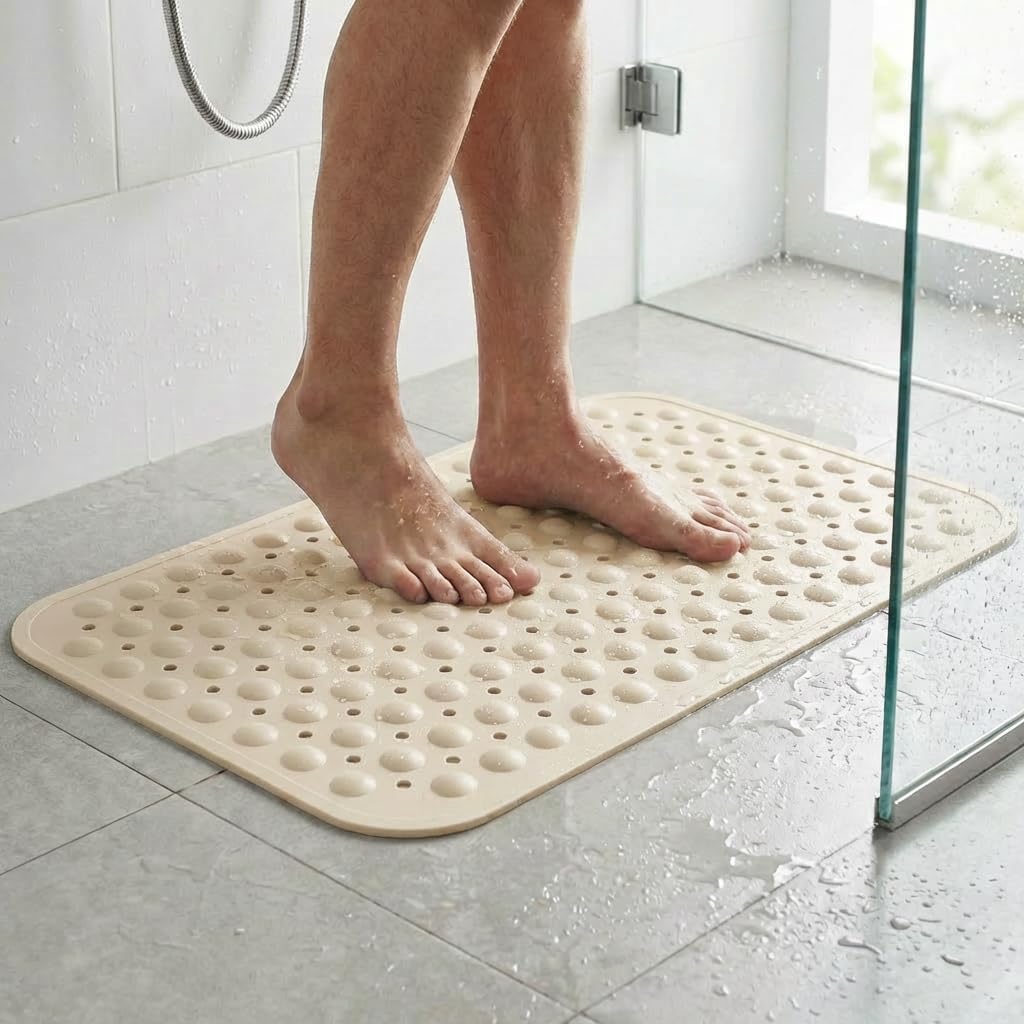 Minimalist TPE Bathtub Mat Non Slip for Tub & Shower, Bath Mat with Strong Suction Cups, Soft Comfortable Shower Mat, Quick Drain Holes, Machine Washable, Beige Mats, 27.5’’ x 16’’