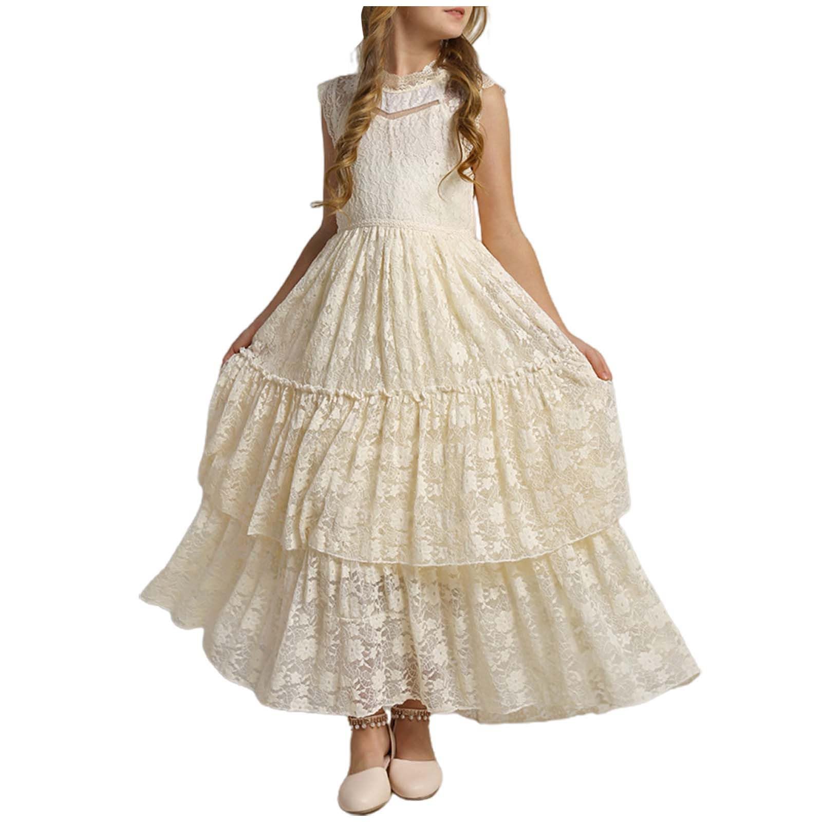 Vestito Cerimonia Bambina 4-14 Anni Elegante Lungo in Pizzo con Gonna a Strati Vestiti Eleganti Casual Cowgirl Abito Prima Comunione Abiti da Damigella per Festa, Matrimoni e Spettacoli,