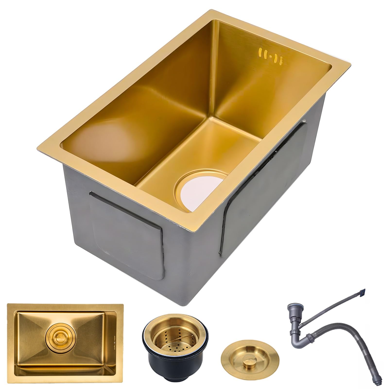 WIQUYBML Gold Mini Sink Undermount, Drop-In Bar Sink, Topmount Small Kitchen Single Basin Stainless Steel Workstation With Accessory Set(38x26cm)