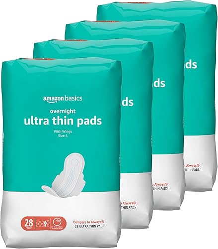 Tienda Basics Almohadillas ultrafinas con alas flexibles para períodos, absorción nocturna, sin perfume, talla 4, 112 unidades, 4 paquetes de 28