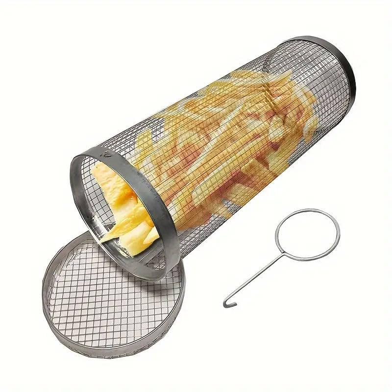 Rolling Grilling Baskets for Outdoor Grill BBQ Net Tube Stainless Steel Large Round Mesh Rotation Barbecue Cylinder for Veggies Vegetable Fish Meat Food Camping