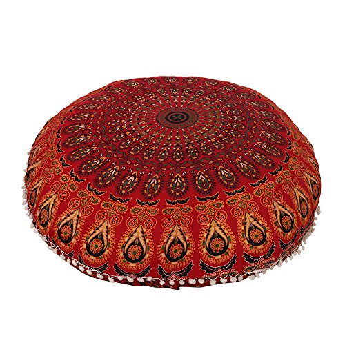 Image of Anokhiart 32" Cotton Round Floor Pillow Cover Red Indian Mandala Pillow Cover Cushion Cover Ottoman Pouf Cover