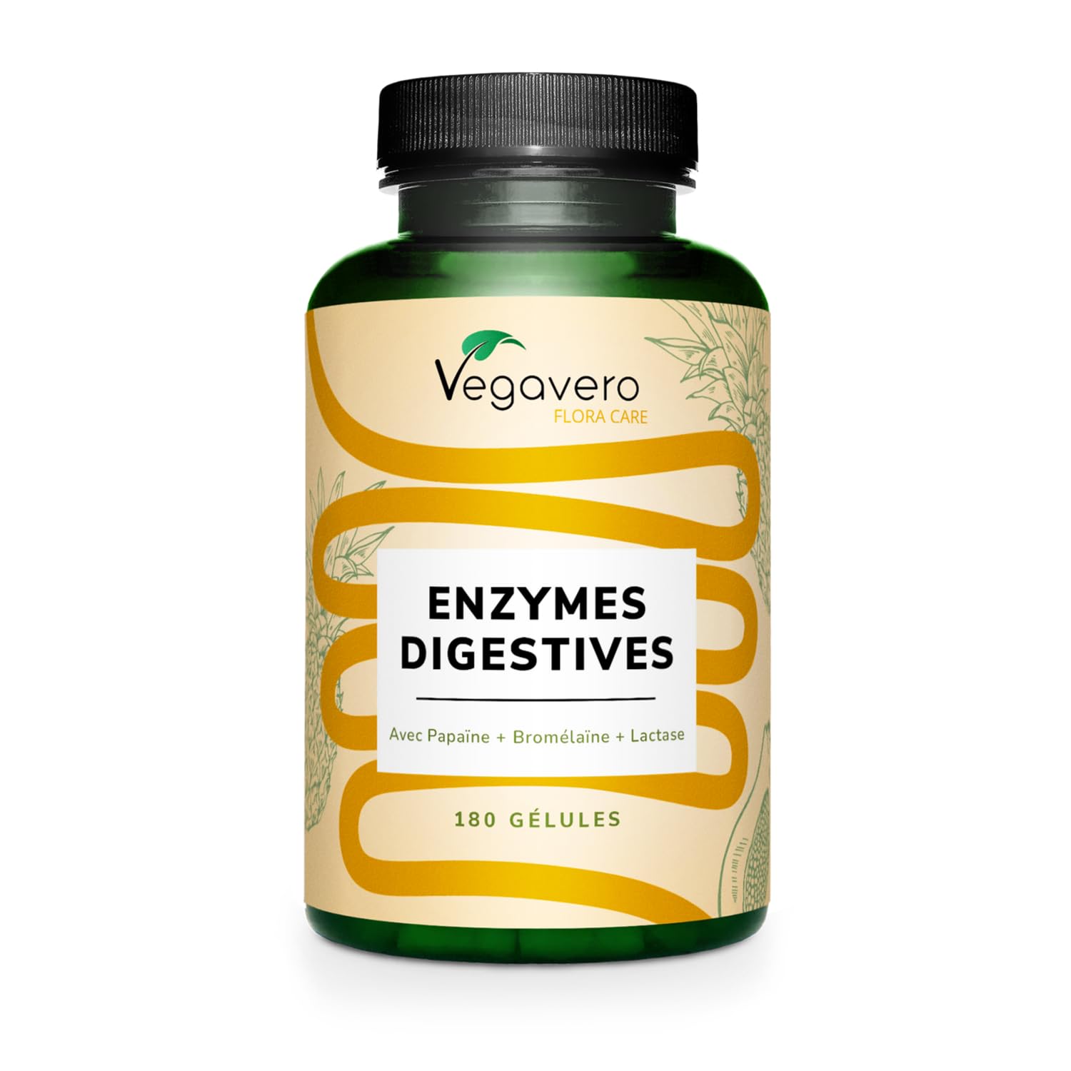 Enzymes Digestives Vegavero® | VEGAN & NATUREL | Bromélaïne, Papaïne, Amylase, Lipase, Cellulase + Lactase | Sans additifs | Digestion Difficile | 180 Gélules Drcaps®