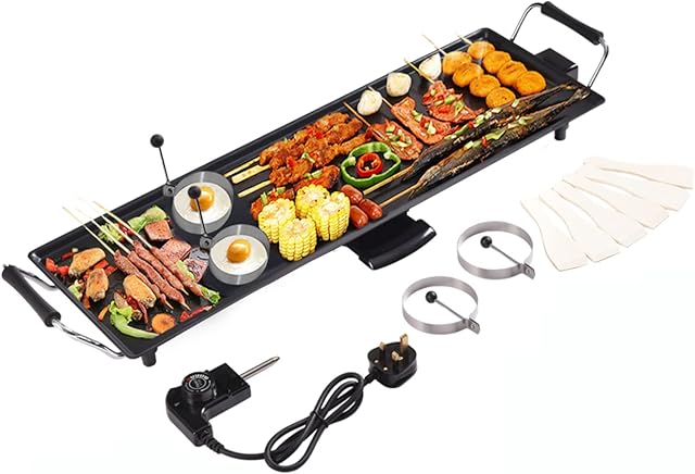 TANGZON Electric Teppanyaki Table Grill, 1800W/2000W Non-Stick Barbecue Griddle with 6 Wooden Spatulas and 2 Unsticking Rings, Portable Family Party Tabletop BBQ Hot Plate for Indoor Outdoor (70x23cm)