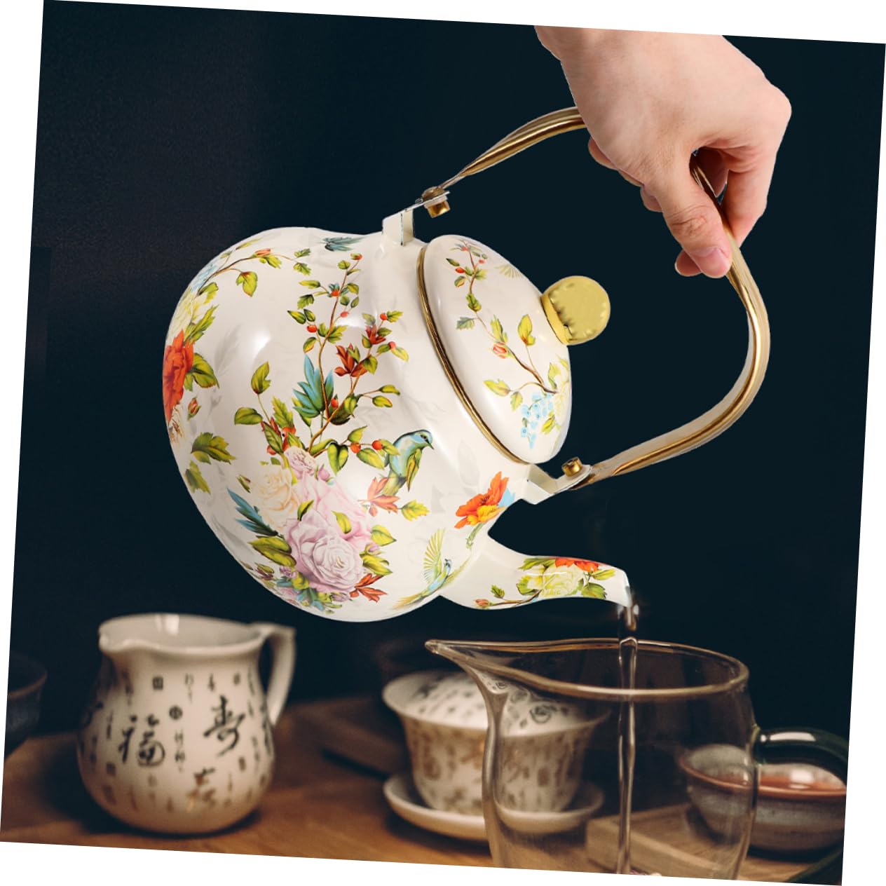 Ciieeo Théière Émaillée 1,5 l Vintage à Motif Floral, Bouilloire En Émail Robuste, Chauffage Rapide, Pour Cuisinière, Usage Domestique Et Voyage