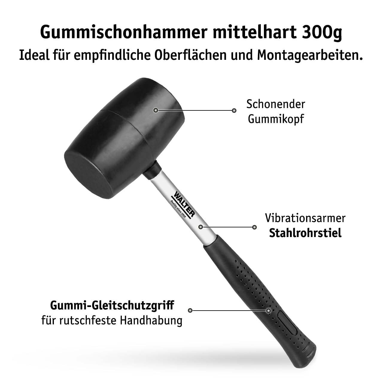 WALTER Hammerset 4tlg., Latthammer mit Magnet, Schlossniethammer, Handfäustel und Gummischonhammer mittelhart, Gleitschutzgriffe für rutschfeste Handhabung, Griff und Kopf mit Kunstharz vergossen