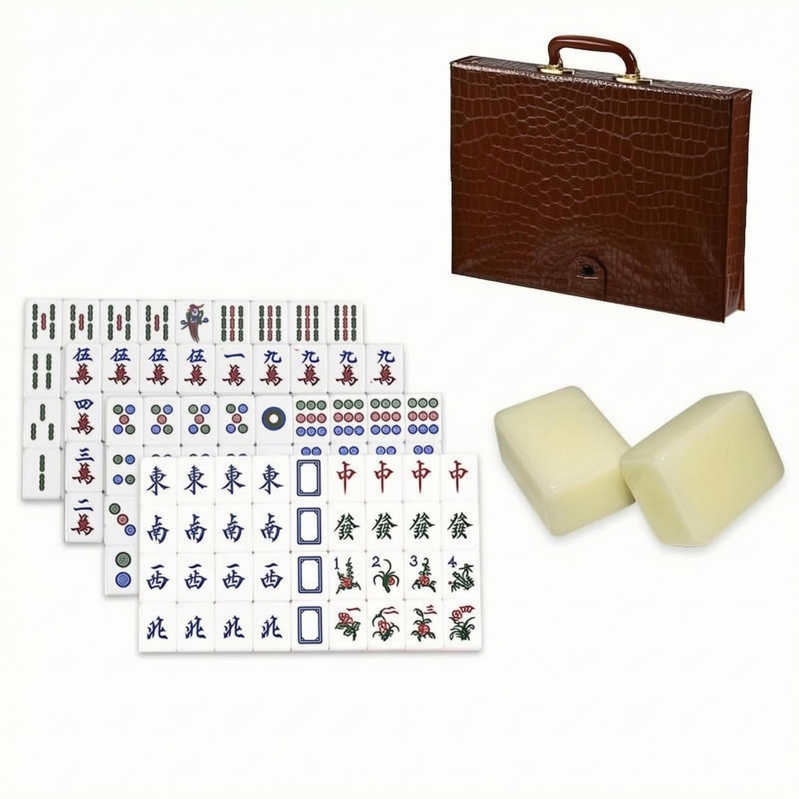 Hongkong-Mahjong-Set Blumensteine 37er-Mahjong-Set Rechteckig Gesellschaftsspiel, Array, Elfenbein Gelb, 7分牙黄 37 +皮盒