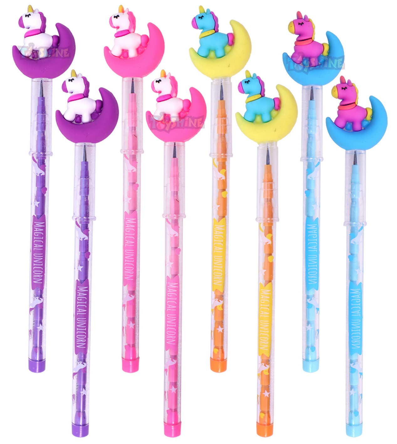 Toyshine Pack of 8 Unicorn and Moon Colorful Pencils for Girls with Rubber Tops, Multi-color, Party Favor, Birthday Return Gifts