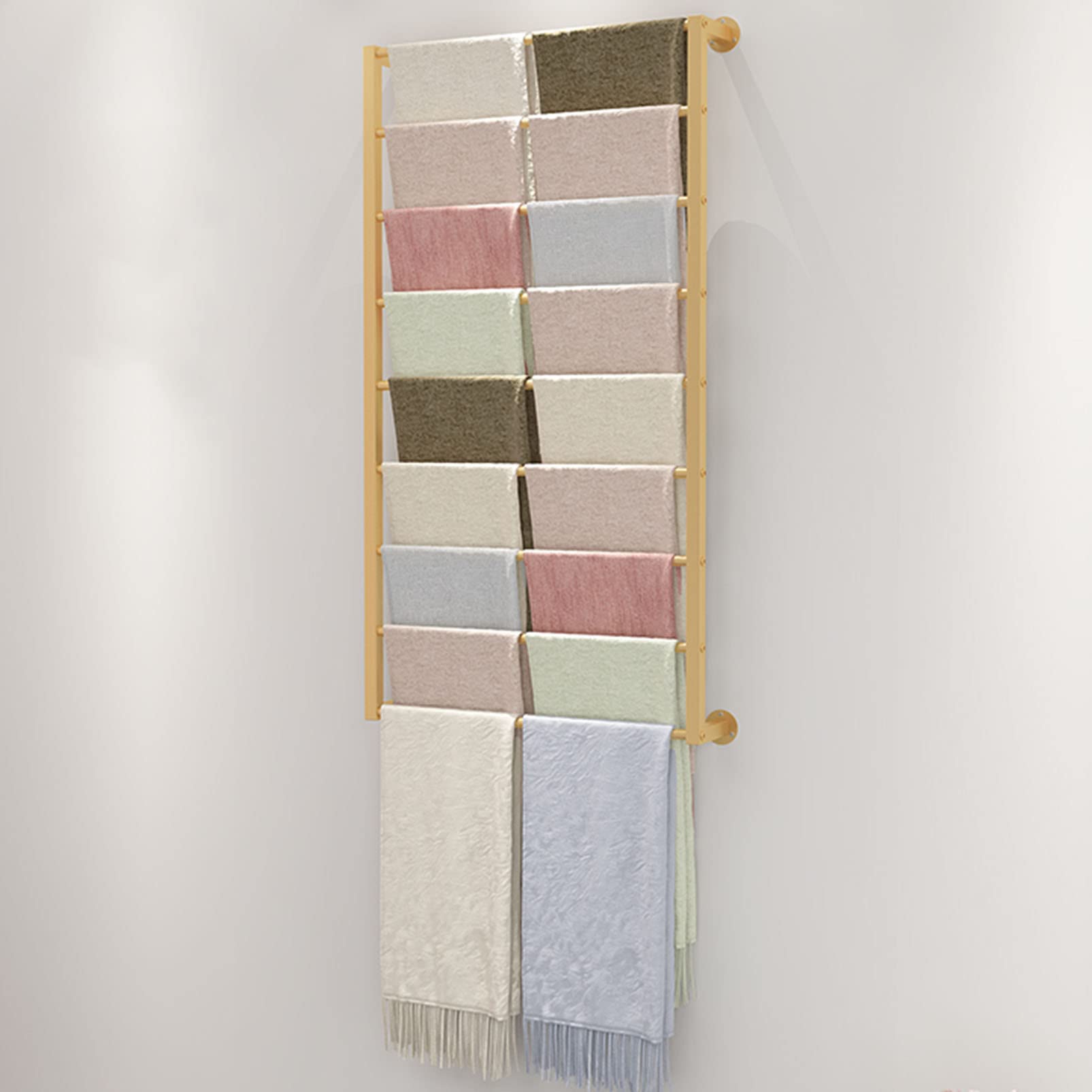 YNBSHGAA Clothing Rack Wall Mount Scarf Rack Organizer, Commercial Retail Display Stand for Shawl Hats Scarves Tie, Closet Storage Rod Metal Pipe Shelf Pants Hangers, Wall Shelves,Gold-100×120cm