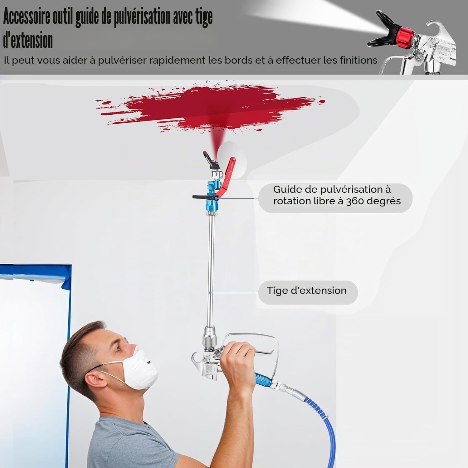 22 pièces Kit de Pistolet a Peinture, Pistolet Airless 3600PSI avec Tuyau Haute Pression de 15m & 6 Buses& 4 Rallonge & 6 filtres & Outil de Guidage & Siège de buse