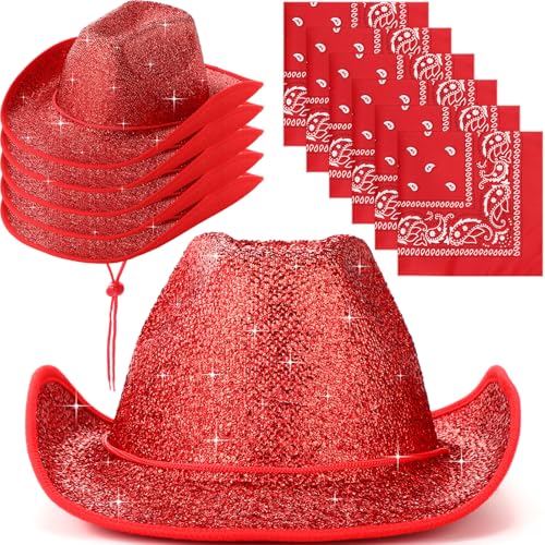 Image of Coume 12 Pcs Sparkly Adults Cowboy Hat and Bandanas Women Men Western Glitter Cowgirl Party Hats with Adjustable Drawstring