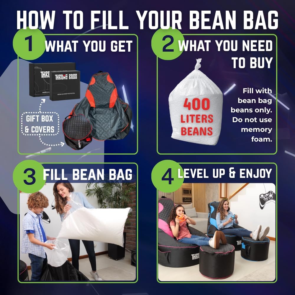 Gaming Bean Bag Chair & Footstool Cover Set for Adults, High Back, Green image 3