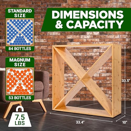 Image of Nutrichef X Self Oversize Stackable Modular Wine Rack, Fits Up to 84 Standard Size Bottles Compatible and Stackable w /All Wine Racks - Bamboo Construction with Anti Moisture Protective Finish