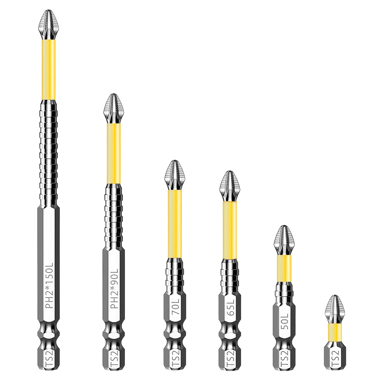 High Magnetic Screwdriver Bit Set, PH2 Anti-Slip Yellow Screwdriver Bits Compatible with Electric Drills, 6 Sizes 25L 50L 65L 75L 90L 150L