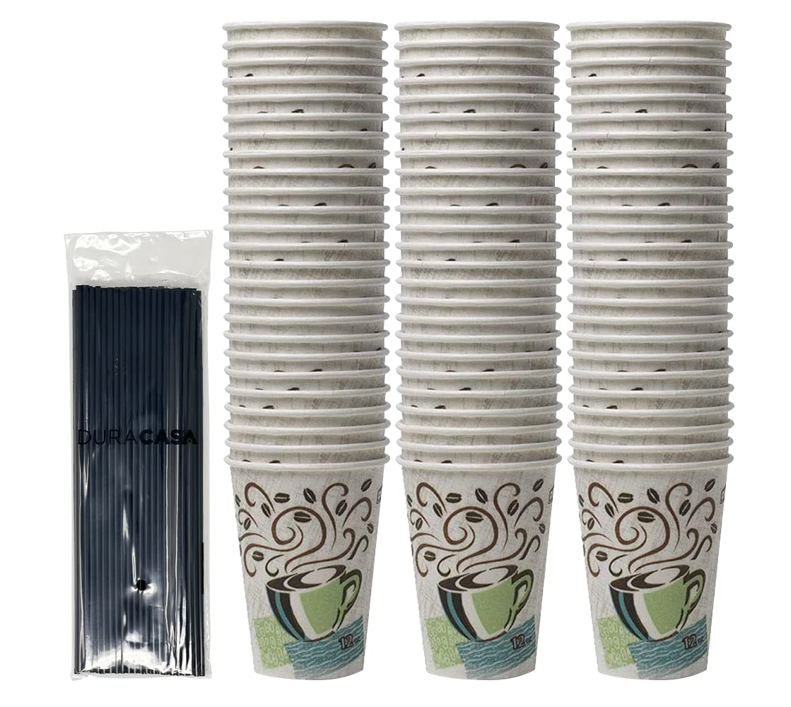 DuraCasa Dixie PerfecTouch 12 Oz. 75 Ct. Insulated Paper Hot Coffee Cups and 75 Ct Drinking/Stirring Straws Bundle, Disposable Hot Coffee Cups Straws (12 oz, 75 Cups and 75 Straws)