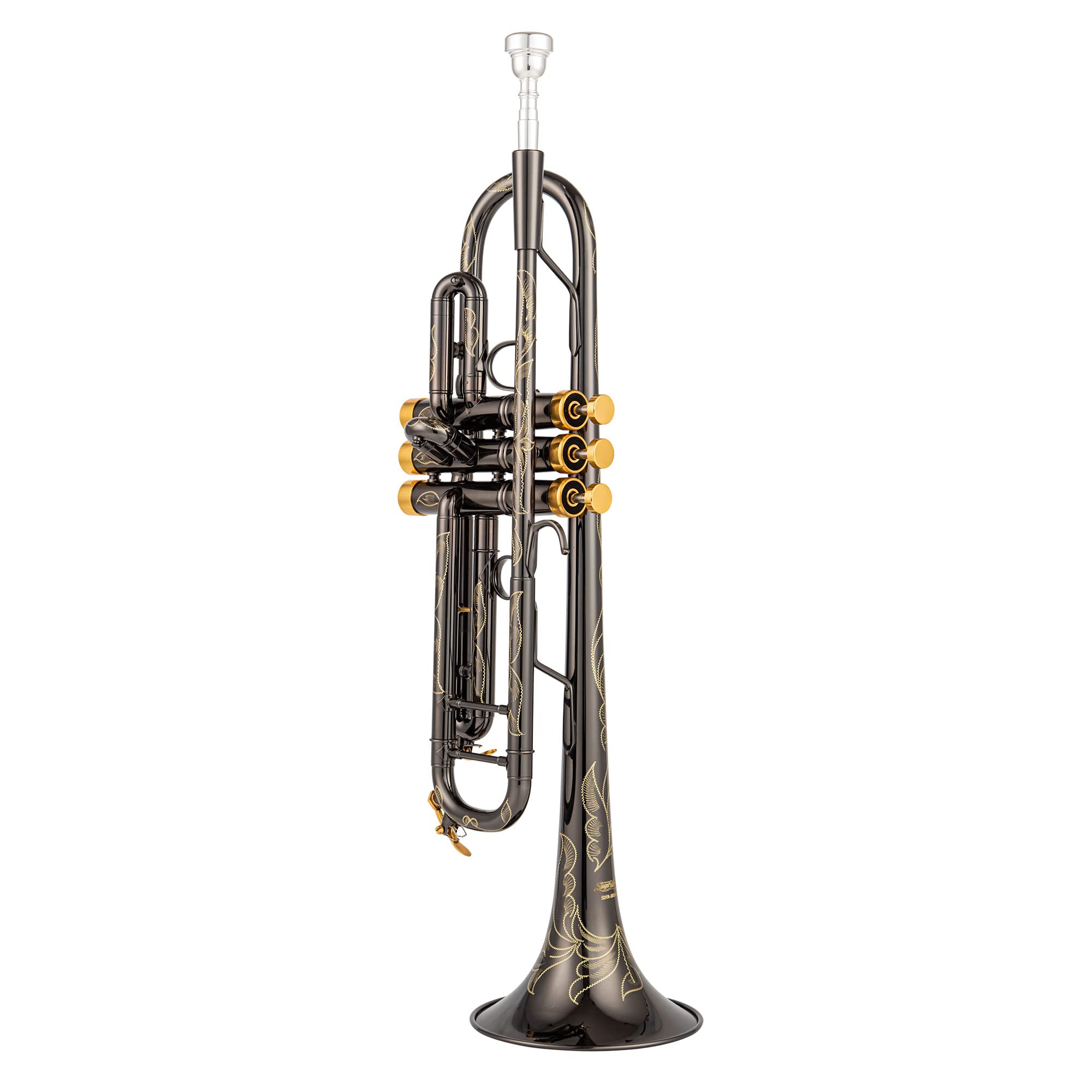 Singer's day SDTR-2019B Heavy Duty Black Nickel and Gold Trumpet with Whole Body Hand Engraving Flower