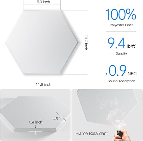 Miniatura 3 de Paquete de 12 paneles acústicos autoadhesivos de 12 x 10 x 0.4 pulgadas, paneles de espuma a prueba de sonido para paredes, diseño hexagonal