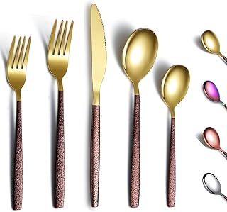 Berglander 20 Piece Cutlery Set with Moon Surface Handle and Shiny Gold Head Titanium Coated Stainless Steel Contemporary Cutlery Set for 4