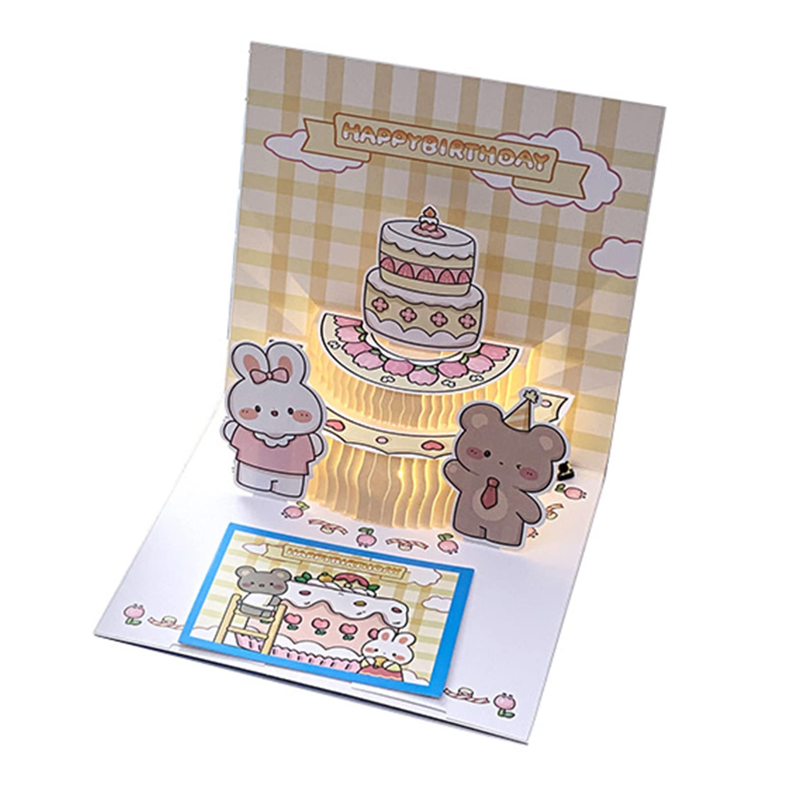 Jazuaiao Light Korean Cute Bear Birthday Cake Cartoon Attractive 3D Greeting Card Envelope Birthday Gift Cake Card Glowing Cards for Kids