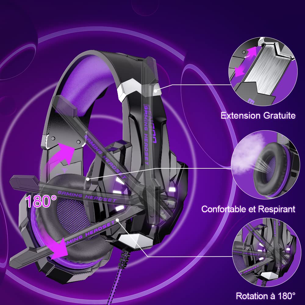 BENGOO G9000 Casque de Jeu Stéréo pour PS4, PC, Manette Xbox One, Casque Gamer Antibruit avec Micro, Lumière LED, Basse Surround, Cache-Oreilles à Mémoire Souple (Violet)
