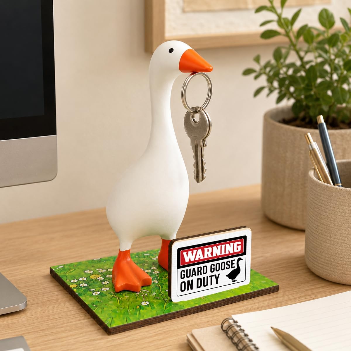 SUSZDOU Desk Goose-Magnetic Key Holder - Guard Goose ON Duty, FUUNY Desk Decor with Wooden Base for Home, Office, Entryway, Shelf, Table, Funny Housewarming Gifts
