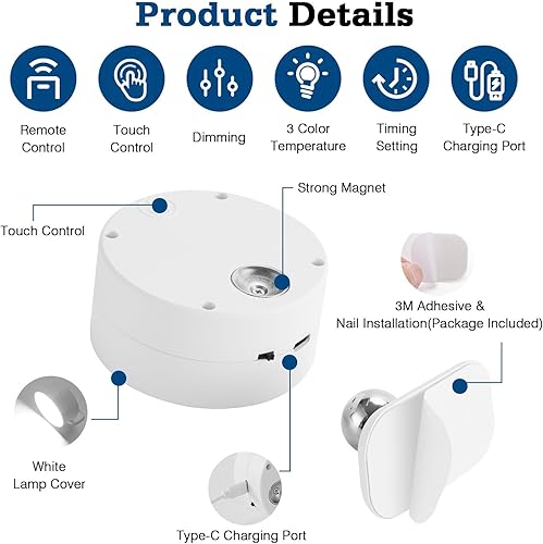 Miniatura 5 de Aplique de pared LED recargable con pilas, juego de 2 lámparas de pared regulables blancas con control remoto y control táctil, lámpara de pared