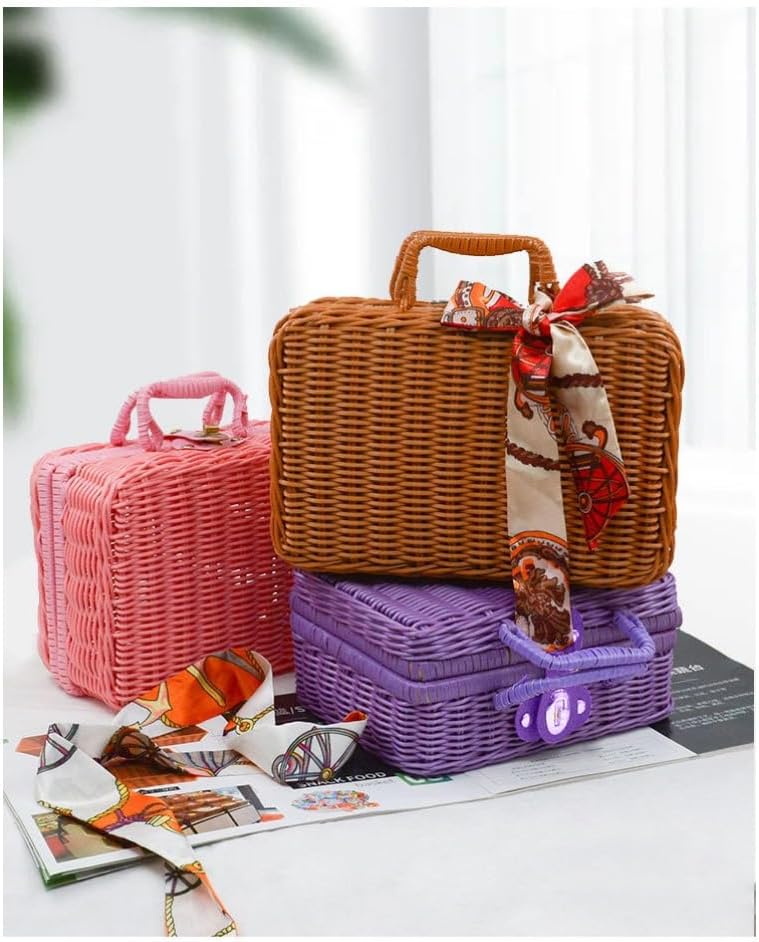 Fiyyugaピクニック収納バスケット、蓋とハンドル付きの模造籐バスケット、バスルームの整理に最適、通気性、ピクニック、旅行、花見、