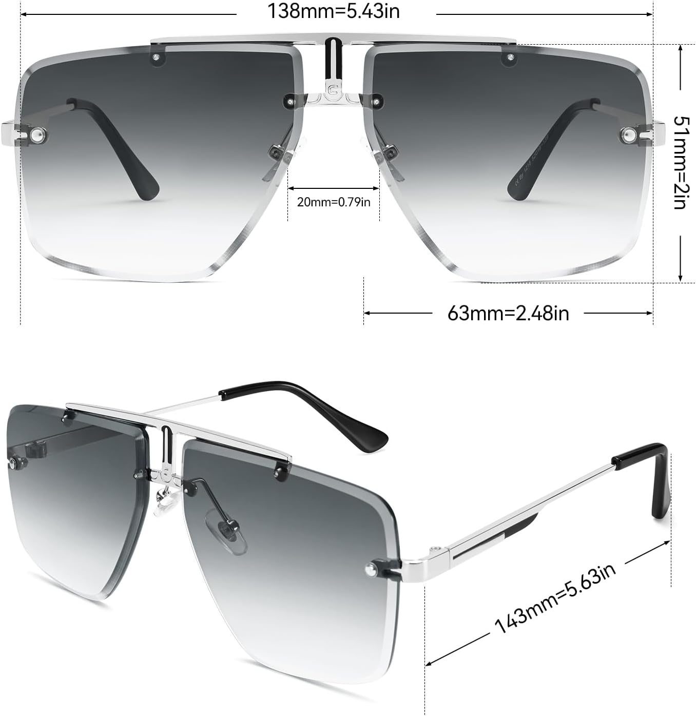 Rimless Oversized Square Sunglasses for Men Trendy Fashion Big Shades Tinted Lens Gold Metal Frameless Glasses UV400 - Image 4