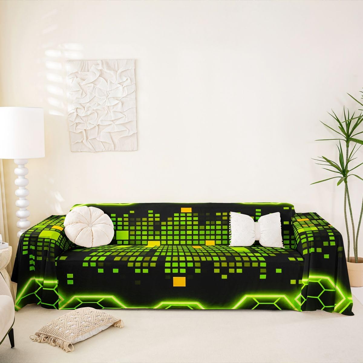 Neon Yellow Hexagon Honeycomb Square Pixel Couch Cover Blanket Tech Glitter Geometric Sofa Cover Gaming Decor Aesthetic Couch Protector Cat Proof Teen Boy Modern Sofa Slipcover 71"x150" Man Cave Decor