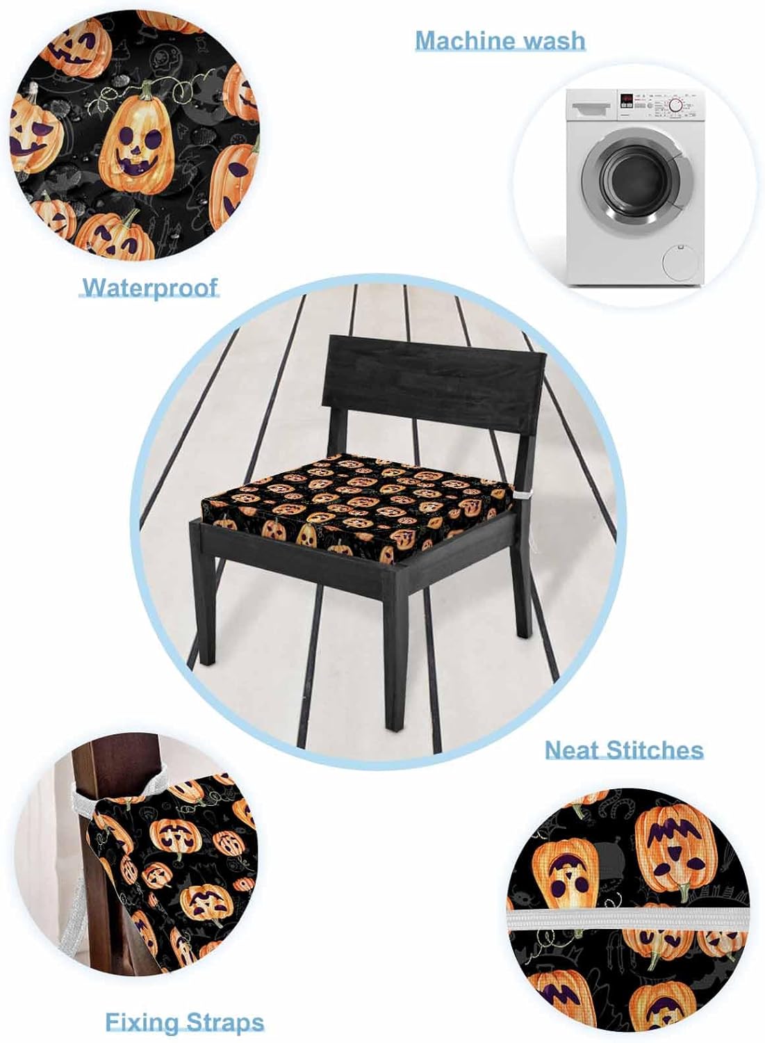 Halloween Orange Pumpkin Indoor Outdoor Couch Cushion Covers Replacement 4 Pack, Black Cartoon Funny Ghost Waterproof Chair Sofa Seat Cover with Ties 22x22x4