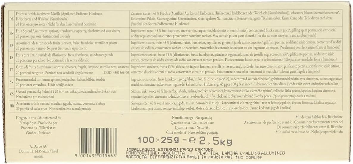 Darbo, Confetture Spalmabili Assortite, Mix di Marmellate Monoporzione al Lampone, Fragola, Albicocca, Ciliegia e Mirtillo Nero, 100 Confetture da 25 g, 20 Porzioni per Gusto, Formato Convenienza