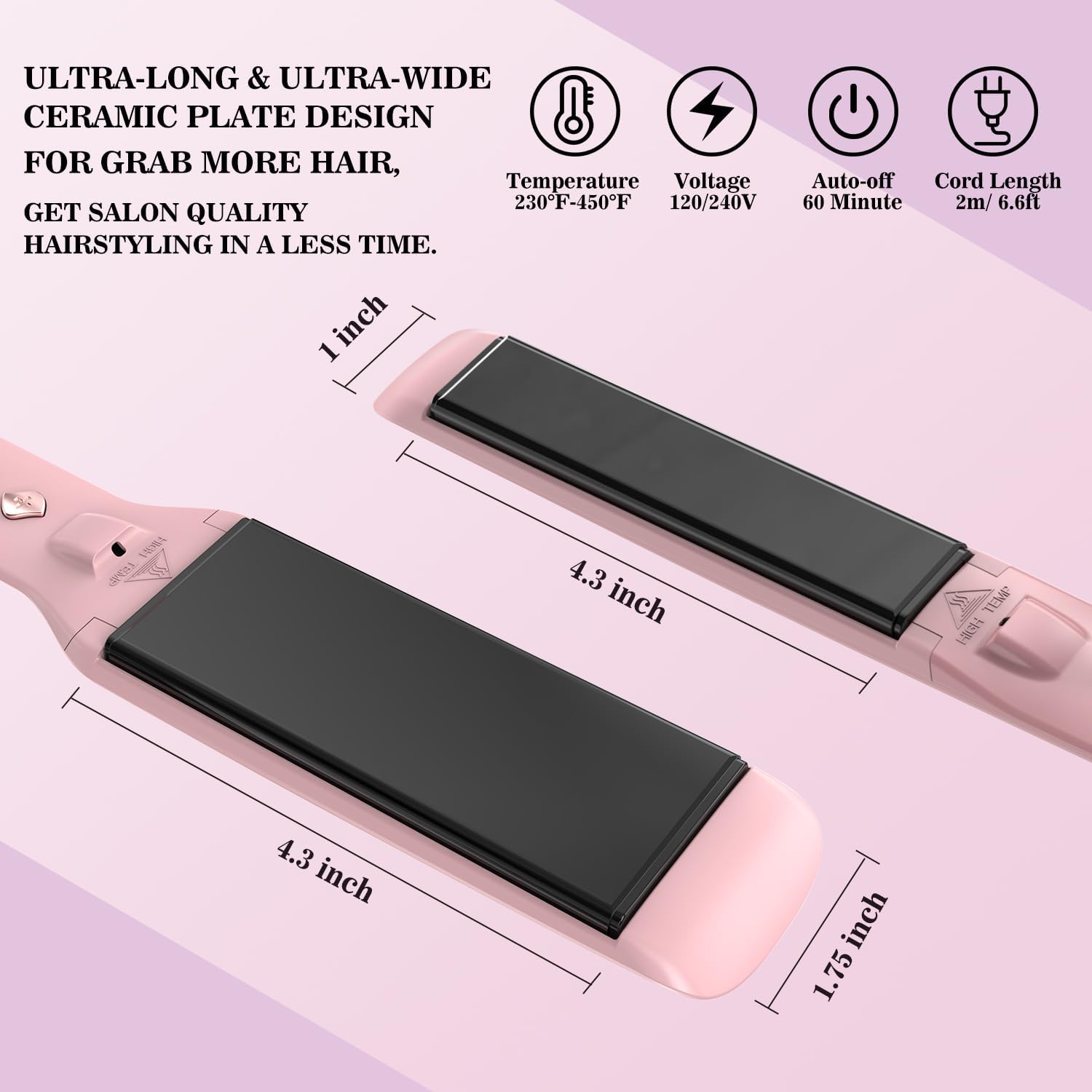 Wide Hair Straightener Flat Iron 1.75 Inch - Professional Ceramic Flat Iron Fast Styling - Dual Voltage Hair Straightening Iron for All Hair Types - Image 2