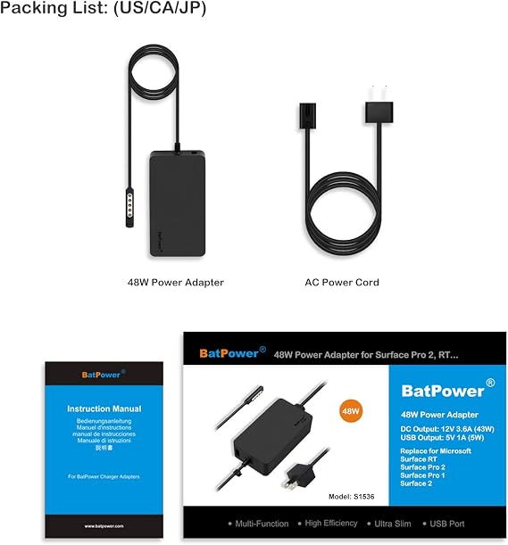 BatPower 12V 3.6A Surface 48W Charger with USB Port