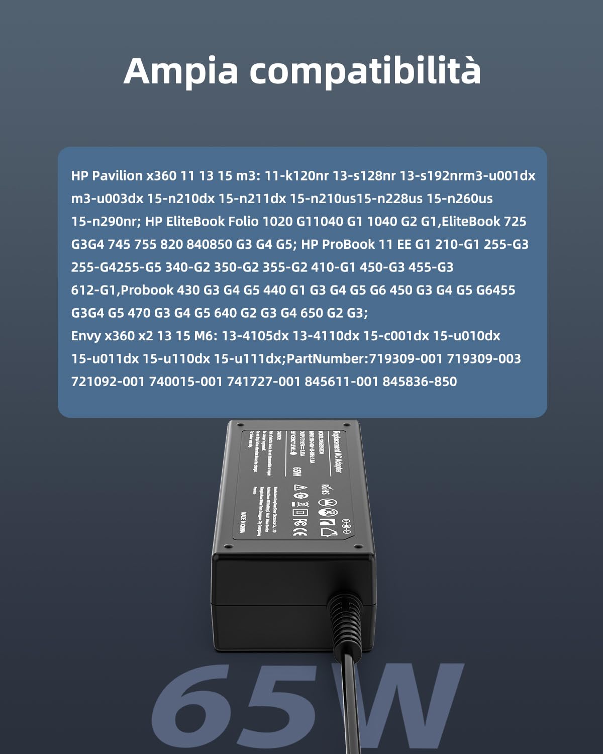 Caricatore 65W 19.5V 3.33A Alimentazione per HP Pavilion 11 13 14 15 Stream 11 13 ProBook 450 430 440 446 455 470 G8 G7 G6 G5 G4 EliteBook Folio 1040 G1 G2 250 255 G4 G5 G6 840 G3 G5 Caricabatterie