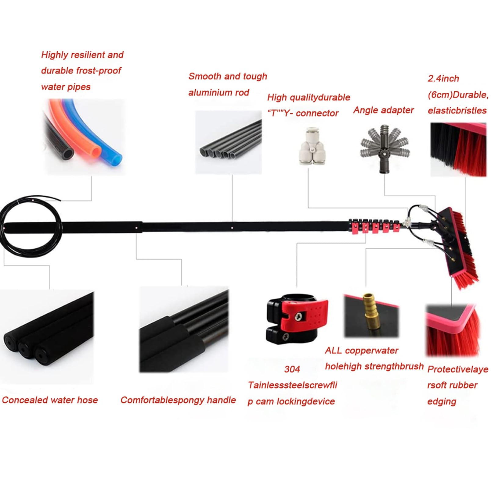 Kit de limpiador de ventanas telescópico de 18 pies extensible con cepillo ideal para limpieza de paneles solares y cristales de ventanas, herramienta de limpieza de alto alcance de 5,4 m