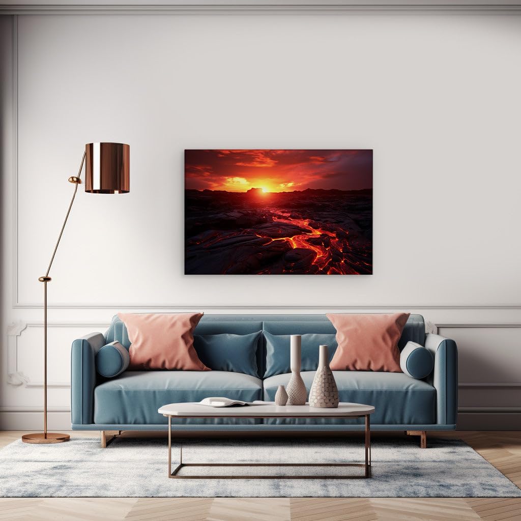 Canvas for Living room. Igniting the Horizon: Where Lava Meets the Crimson Sky, 27 x 18 inch Canvas Wall Art - Modern Home Decor - 69x46 cm (27x18 inch)