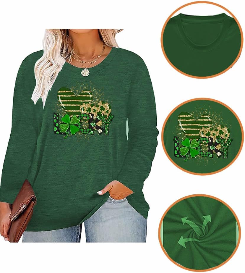 Plus Size St Patricks Day Irish Festival Clover Lucky Graphics Print Shirt Women Long Sleeve Tops - Image 4