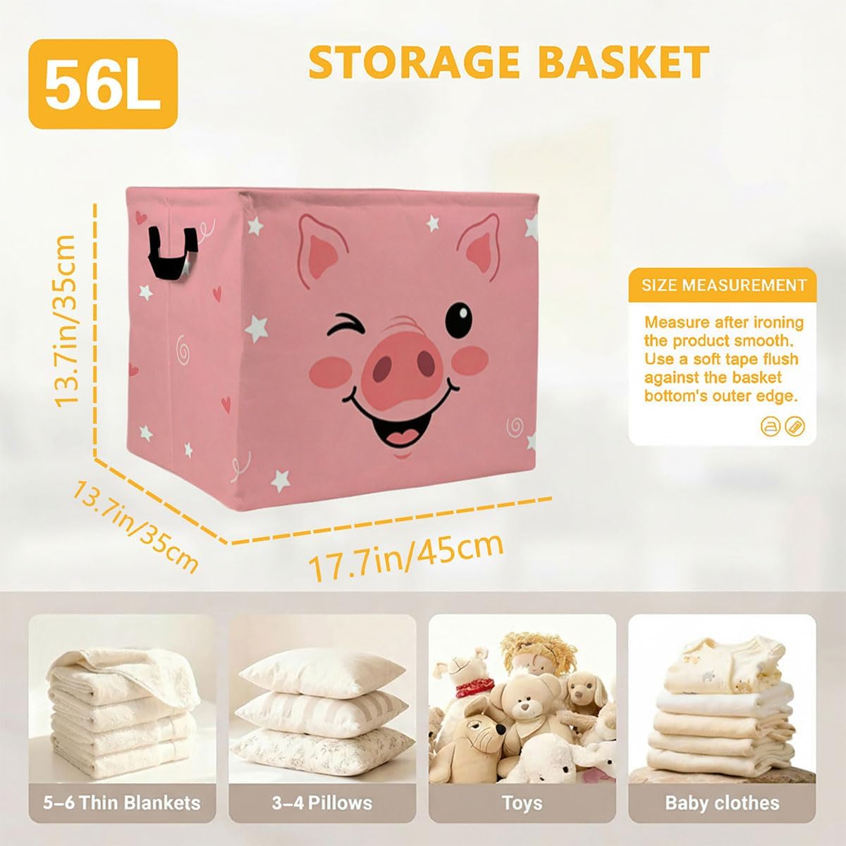 Cartoon Pig Laundry Hamper, 56L Large Foldable Laundry Basket with Handles, for Family Clothes, Toy Storage Bin, Blankets,Decorative Organizer for Shelves & Closet Home Decor Bedroom & Nursery image 4
