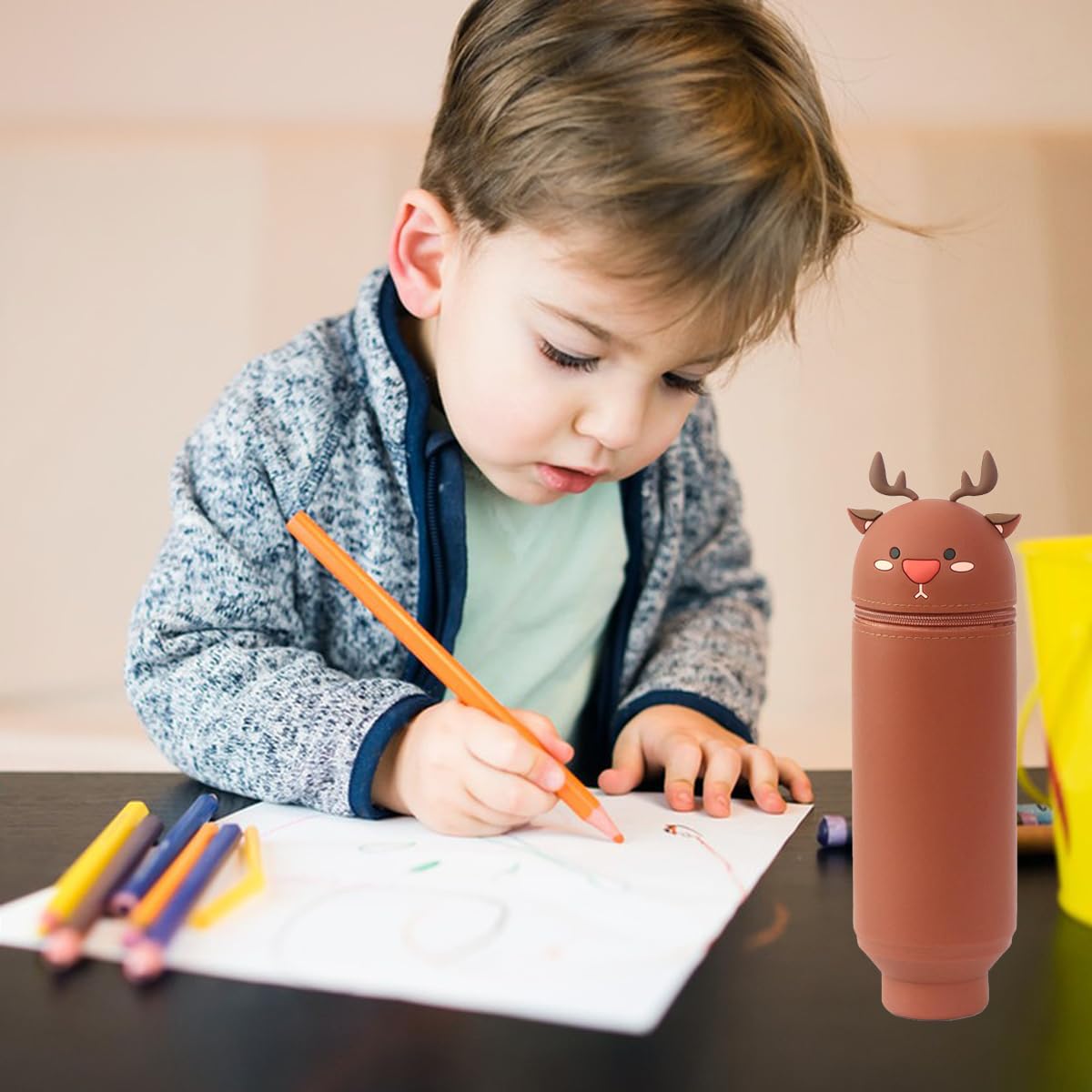 LGWJHCY Telescopic Pencil Case 2 in 1 Soft Silicone Kawaii Deer Desktop Pen Holder Zipper Closure Storage Bag Pencil Bag Pencil Cases for Kids Adults brown - Image 3