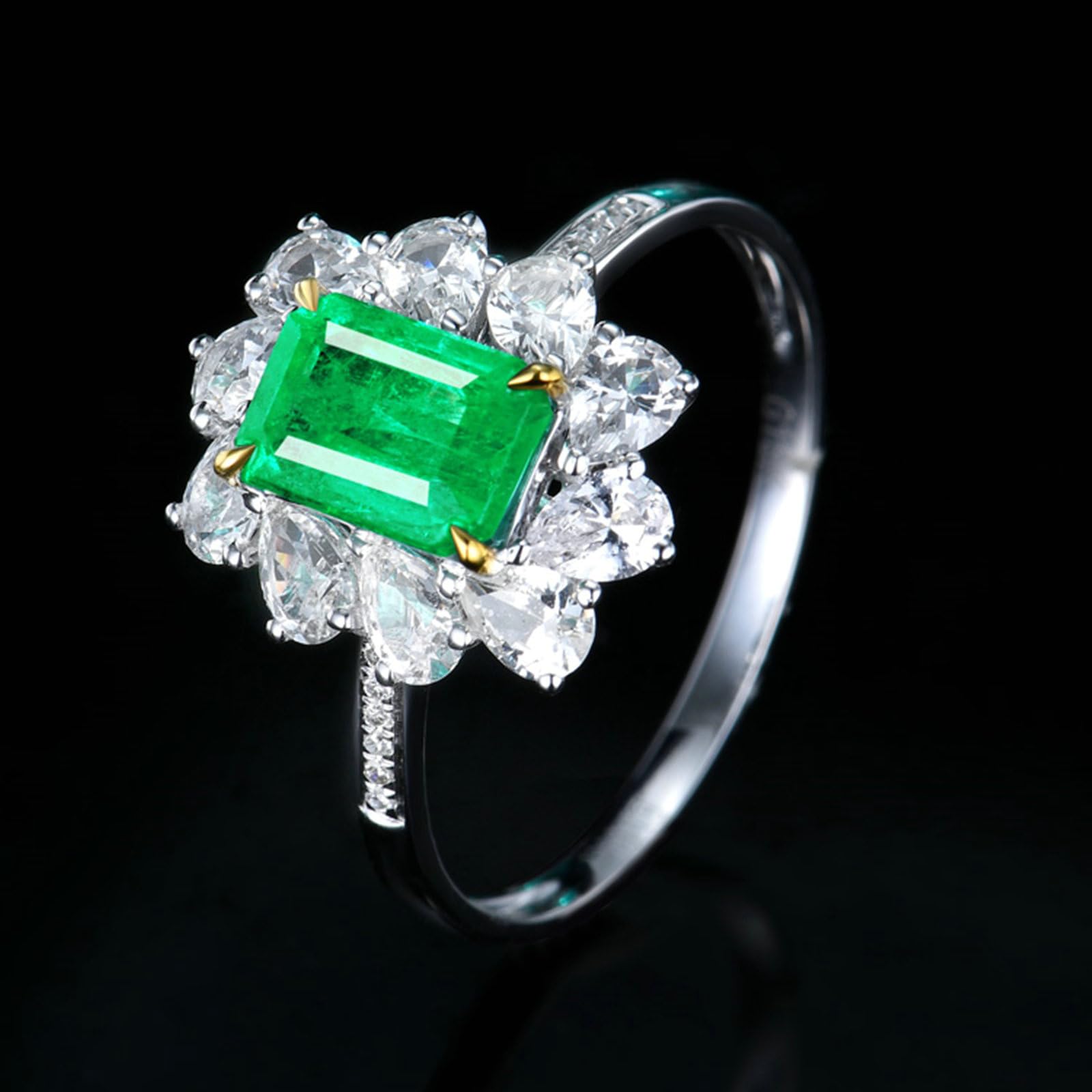 Anello di fidanzamento o matrimonio, in oro bianco 750, 585, 375, con fiore con smeraldo da 1 carato e moissanite, misura 47 (15,0-65) (20,7)