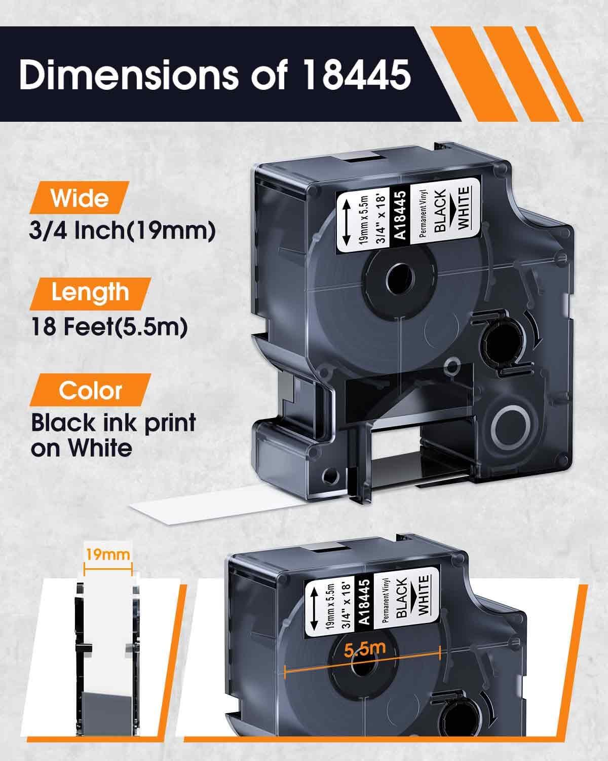 Replace for Dymo Rhino 4200 5200 Labels 18445 Permanent Polyester Refills 3/4 Inch Industrial Rhino Labels Permanent Vinyl Tape A18445 Compatible with Dymo Rhino 5000 6000 Label Maker Refills, 3 Pack - 4