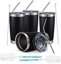 COMOOO 20oz Black Tumbler 4 Pack Stainless Steel Insulated Travel Mug with Lid and Straw Vacuum Double Wall Coffee Cup for Hot Beverage and Cold Drinks(Black, 4 Pack)