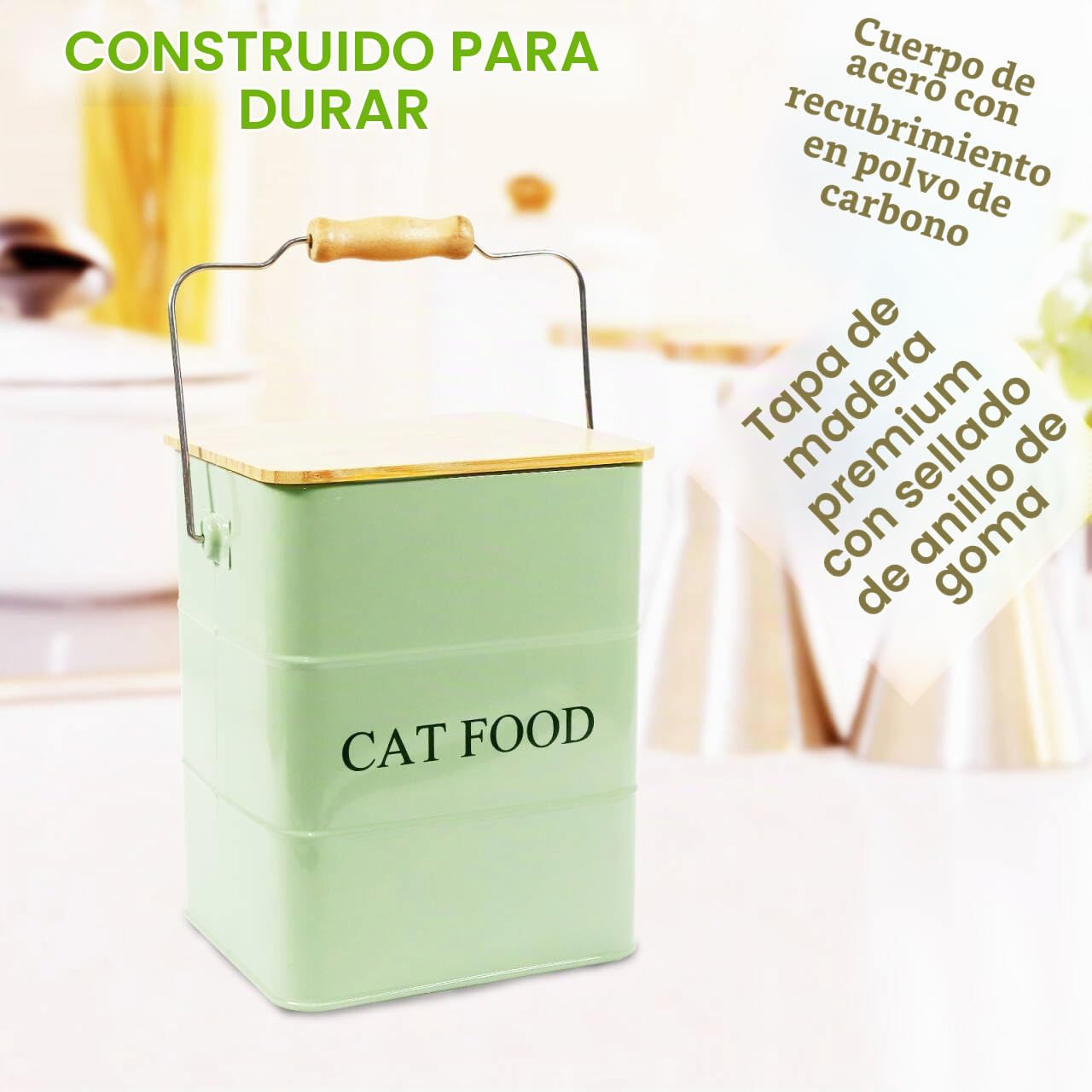 Geyecete Metal - Contenedor de croqueta para gatos (6 L, cajas para alimentos y golosinas, animales y herméticos, madera, tapas de acero al carbono revestidas, – Croqueta de gato con mango verde