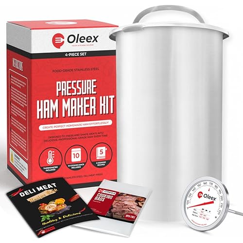 Oleex Lunch Meat Press Mold for Deli Meats-Homemade Ham Maker Meat Press Tool with Cooking Thermometer, 10 cooking bags & Recipe book-Multipurpose Stainless Steel Pressure Sandwich Lunchmeat Maker