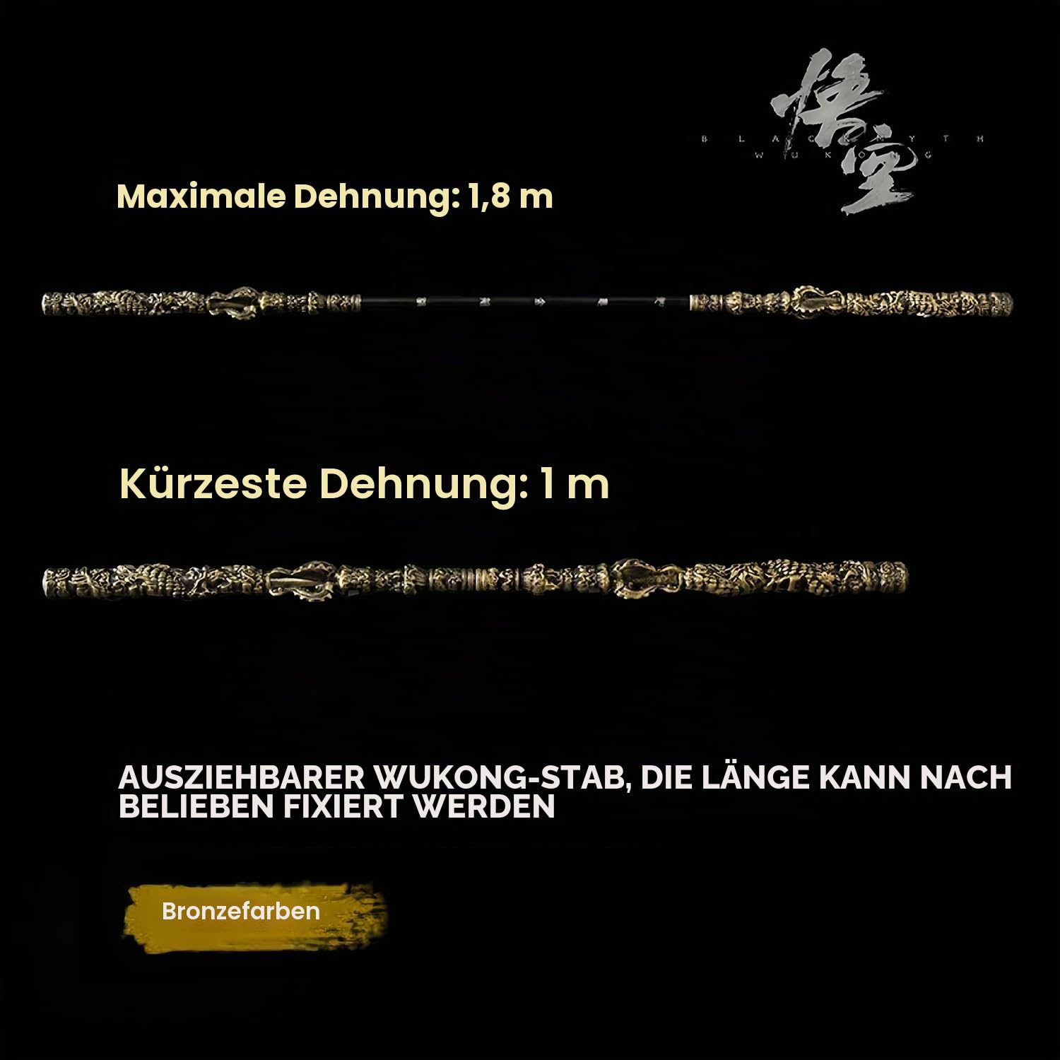 180,3 cm langer schwarzer Mythos Wukong Staff, einziehbar, Länge abschließbar, PU-Material (hochfestes Weichgummi) und Legierung, Ruyi Jingu Bang, 1:1 Wiederherstellung der Realität, Sun Wukong Staff,