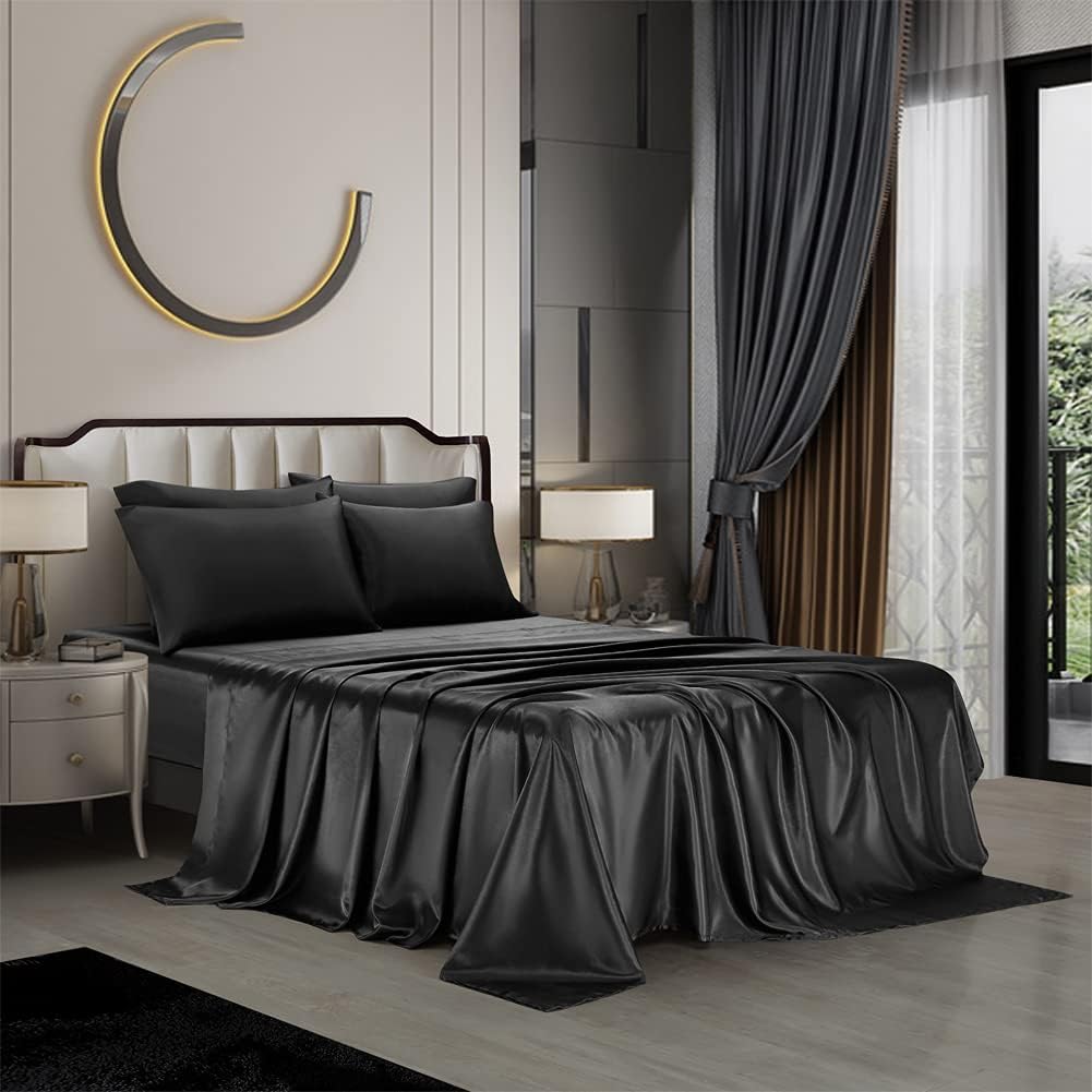 AiMay 6 Piece Satin Pillowcases Bed Sheet Set Deep Pocket Super Soft Luxury 1800 Rich Silk Silky Solid Color Reversible Stain-Resistant Wrinkle Free (California King, Black)