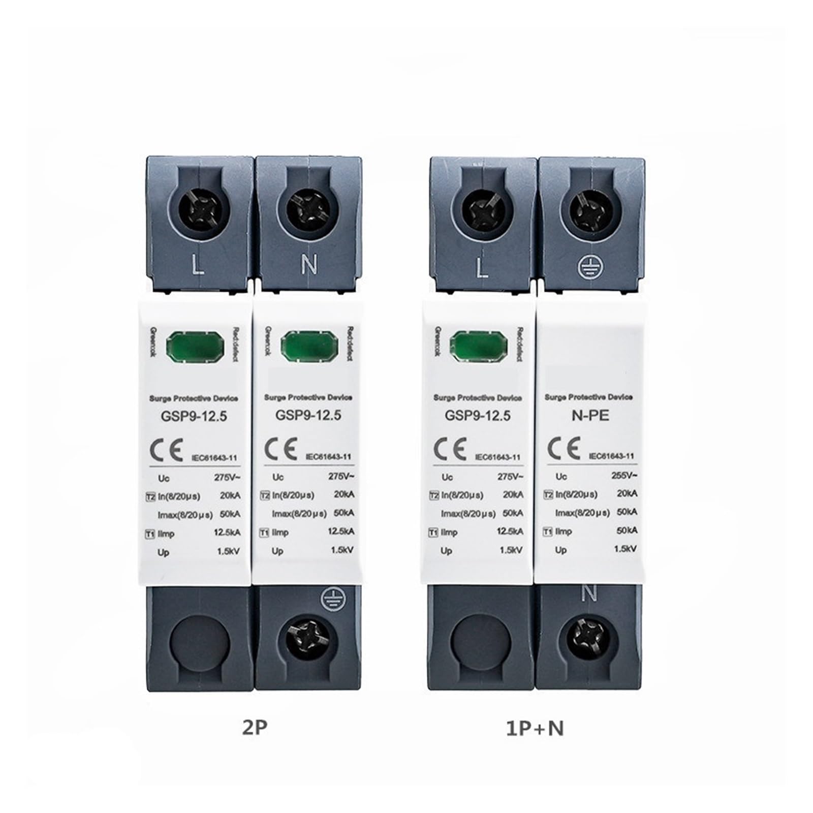 Dispositivo di protezione contro le sovratensioni GSP9 12,5KA T1+T2 50KA Tipo 1 SPD 2P 1P+NPE Protezione da sovratensione 275VAC Din Rail Protezione da sovratensione domestica con fulmini(1P NPE 12.5K