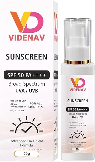 Videnav Traders Sunscreen SPF 50 PA++++, Broad Spectrum UVA/UVB Protection, All Skin Types, No White Cast (50GM)